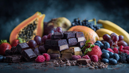 Chocolate bar with berries and fruits on dark background, selective focusの素材
