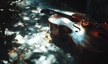 Violin on the ground in the park. Vintage style toned pictureの素材