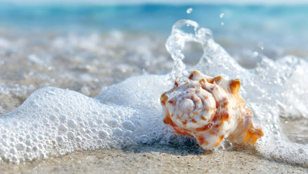 Sea shell on the beach. Selective focus. Shallow depth of fieldの素材