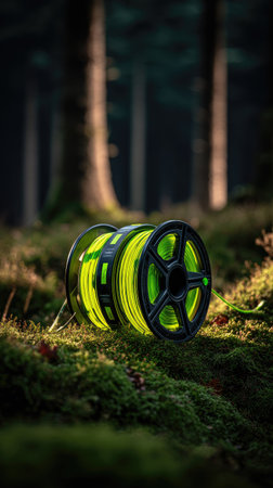 Fishing reel on mossy forest ground. Shallow depth of field.の素材