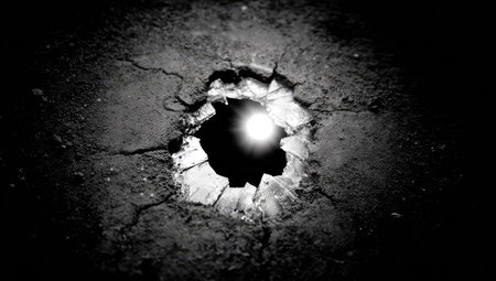 A hole in a dark concrete wall with a light coming through itの素材