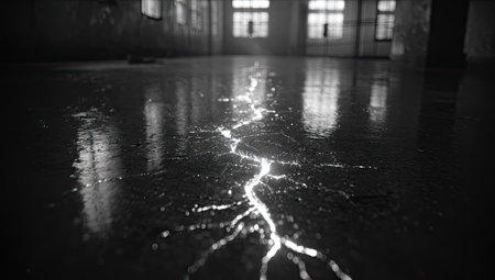 Black and white image of a lightning strike in an industrial building.の素材