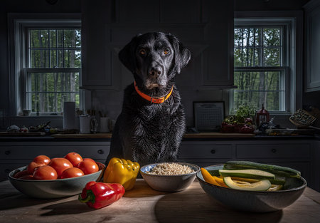Black labrador retriever dog sitting in the kitchen with fresh vegetablesの素材