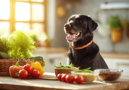 Cute black labrador retriever dog with fresh vegetables in the kitchenの素材