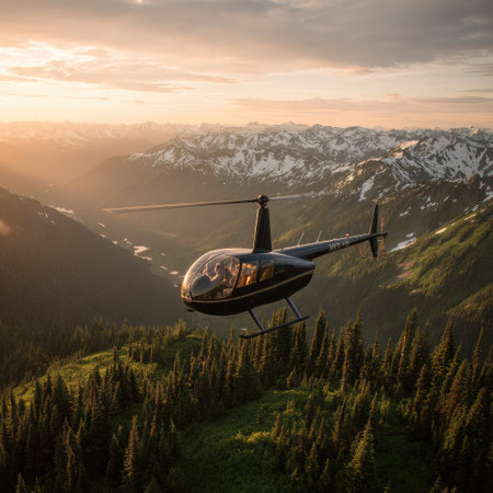 Helicopter flying in the mountains at sunset. 3d renderingの素材