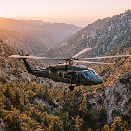 Helicopter flying in the mountains at sunset, aerial view.の素材