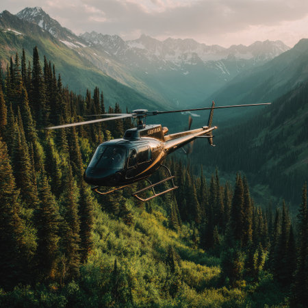 Helicopter flying in the mountains. Aerial view of helicopter in the mountains.の素材