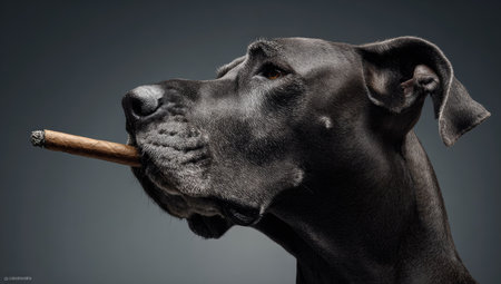 Portrait of great Dane dog with cigar in mouth. Studio shot.の素材