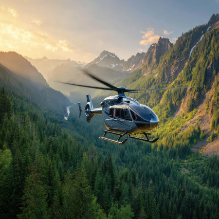 Helicopter flying in the mountains at sunset. Landscape.の素材