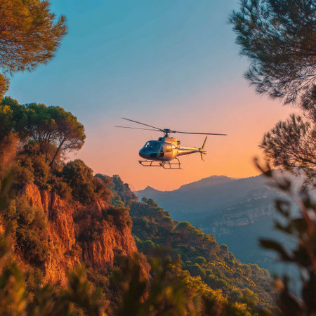 Helicopter in the mountains at sunset, Mallorca, Spainの素材