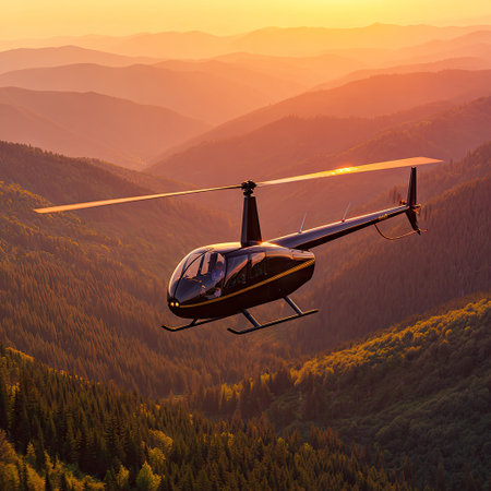 Helicopter in the mountains at sunset. 3d illustration.の素材