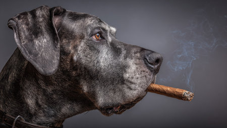 Portrait of a great Dane dog with a cigar on a gray backgroundの素材