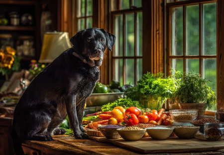 Black dog sitting on a wooden table with fresh vegetables in the kitchenの素材