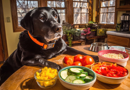 Black labrador dog with fresh vegetables on a wooden table in the kitchenの素材