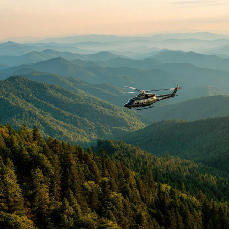 Helicopter flying over the mountains at sunset. Beautiful landscape.の素材