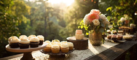 catering wedding buffet with cupcakes and flowers on wooden tableの素材