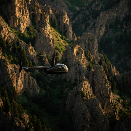 Helicopter in the mountains. View from above. Sunset.の素材