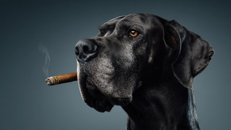 Portrait of a great black dog with a cigar in his mouthの素材