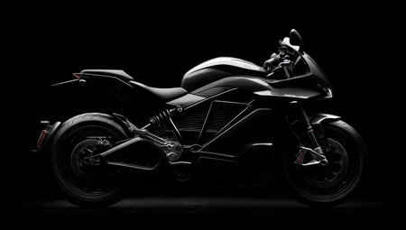 3D rendering of a brand-less generic concept motorcycle on a dark backgroundの素材