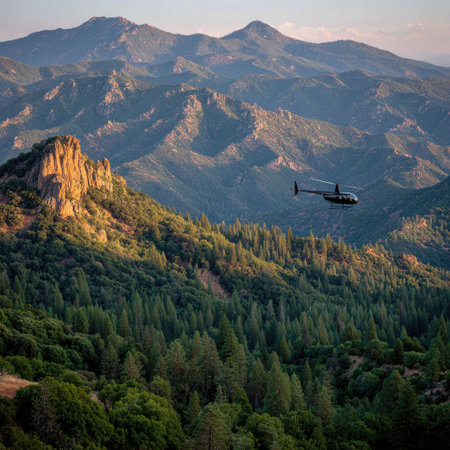 Helicopter flying in the mountains at sunset. Crimea, Ukraineの素材