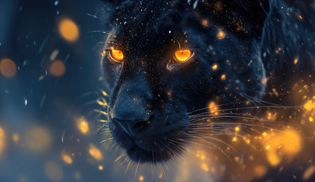 Black panther portrait in the snow with golden bokeh effectの素材
