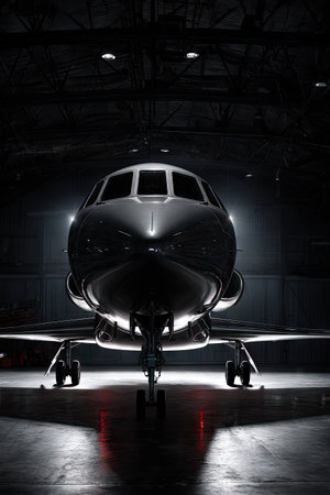 Front view of a private jet in an airplane hangar at night.の素材