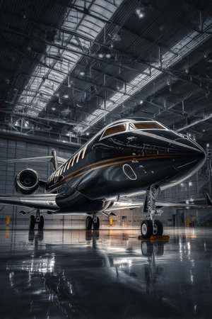 Airplane in the hangar, low angle view. 3d renderingの素材