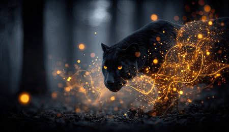 Panther in the dark forest. 3d rendering toned imageの素材