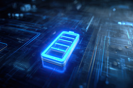 Close up of blue low battery icon on circuit board. 3D Renderingの素材
