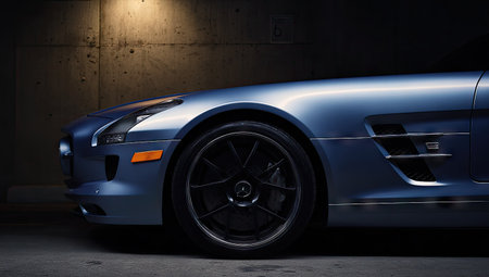 Front view of a blue sport car in the dark. 3d renderingの素材