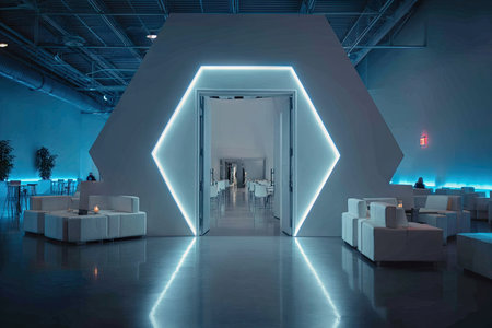 Interior of modern exhibition hall, 3D rendering with neon lightsの素材