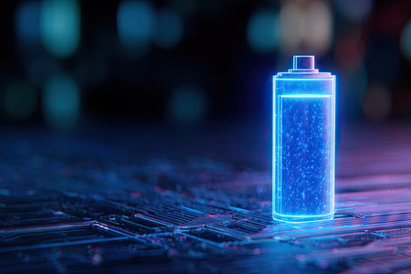 Close up of a blue neon spray bottle on a dark background. 3D Renderingの素材