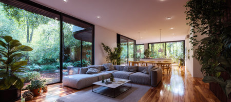 Interior of a modern house, living room with a garden viewの素材