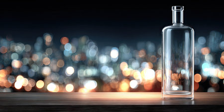 Bottle of vodka on wooden table over blurred cityscape background. 3D Renderingの素材