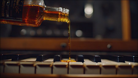Pouring whiskey from a bottle into a piano key close-upの素材