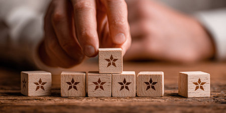 Close-up Of Businessman's Hand Pushing Wooden Cubesの素材