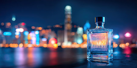 perfume bottle on the table with cityscape background at nightの素材