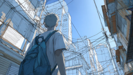 Digital Illustration of a Backpacker in Front of a Skyscraperの素材