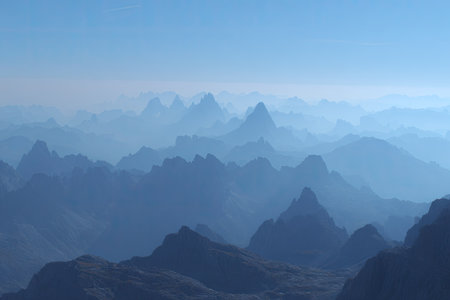 Panoramic view of the mountains in the clouds. 3d renderの素材