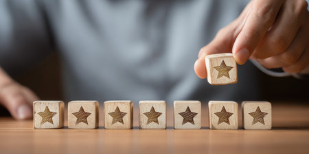 Hand of businessman placing star icon on wooden cube. Customer reviews and feedback concept.の素材