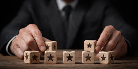 Businessman placing five wooden stars on top of a wooden cube.の素材