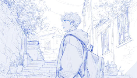 sketch of a young man on the street in the cityの素材