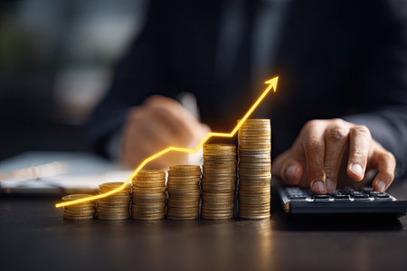 Investment concept, Businessman using calculator to calculate stock market.の素材