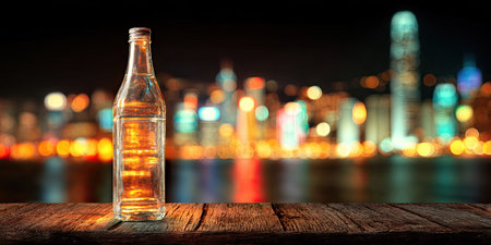 Bottle of water on wooden table with cityscape at night backgroundの素材