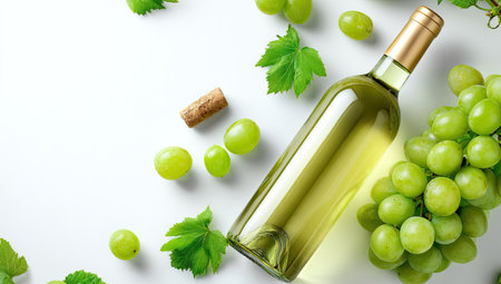 Bottle of white wine with green grapes and leaves on white backgroundの素材