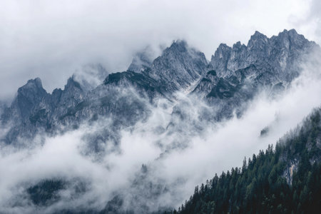 Fog and clouds in the Dolomites mountains, Italy.の素材
