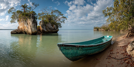 Boat on the beach in Krabi, Thailand. Panoramaの素材