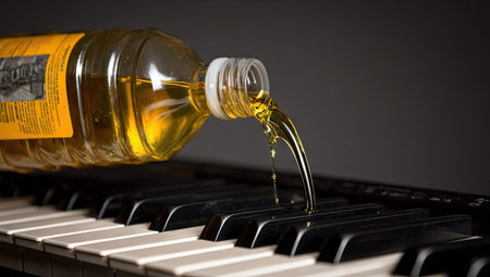 Pouring oil from a bottle on piano keys, close-upの素材