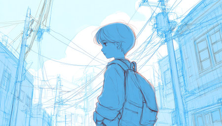 Sketch of a boy on the street in the city.の素材