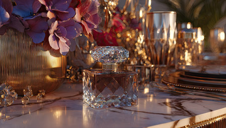 Beautiful perfume bottle on table, closeup. Luxury fragranceの素材